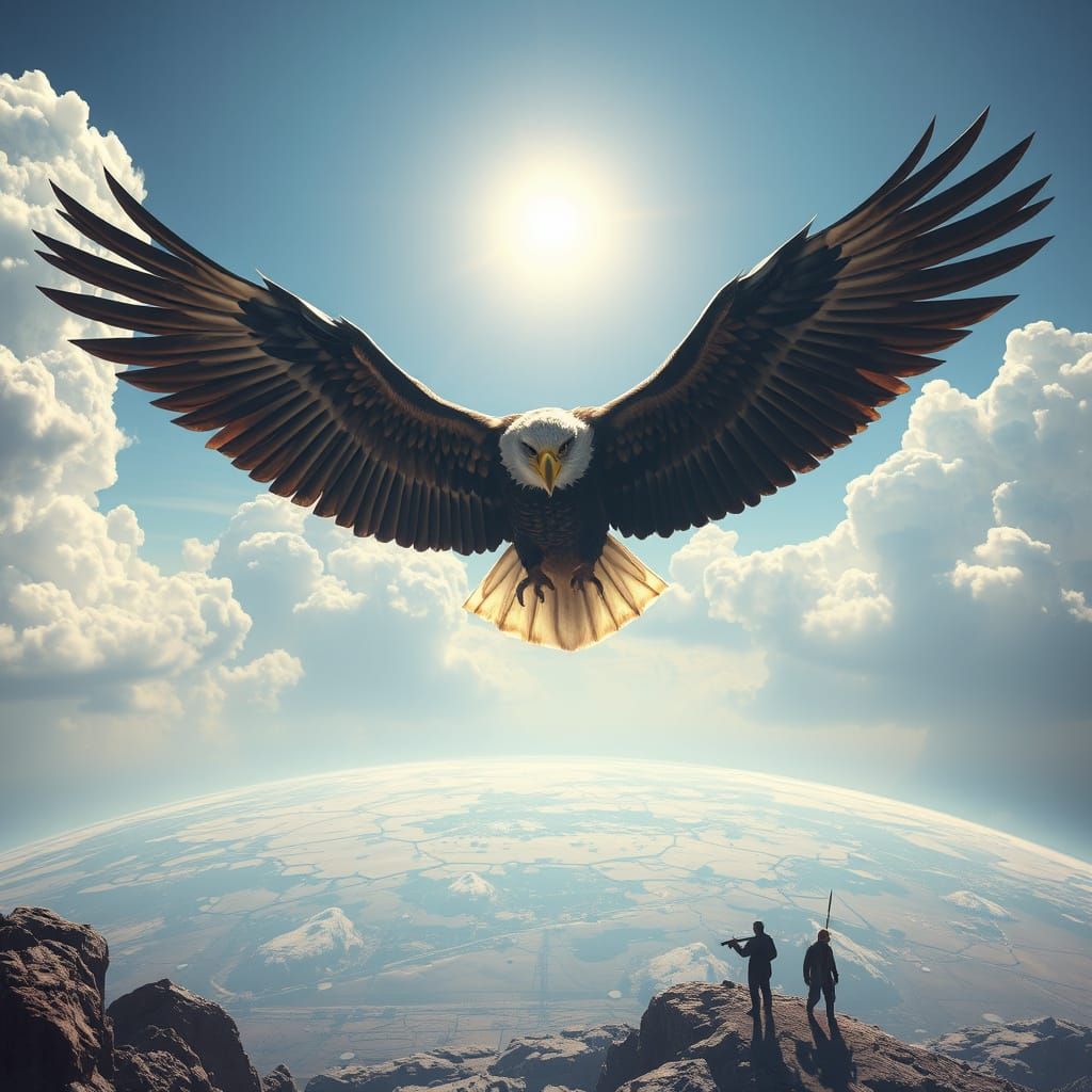 Eagle Soaring Over Distorted Earth, a Dystopian Vision