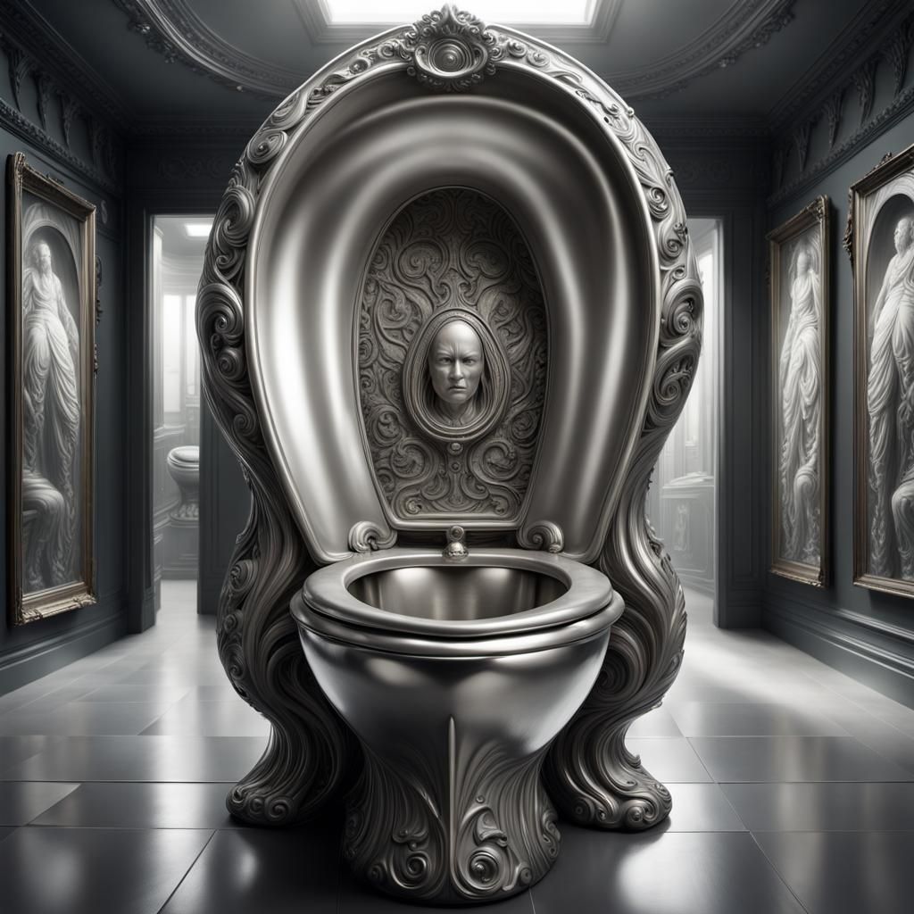 Ornate Metallic Toilet Statue in Art Gallery