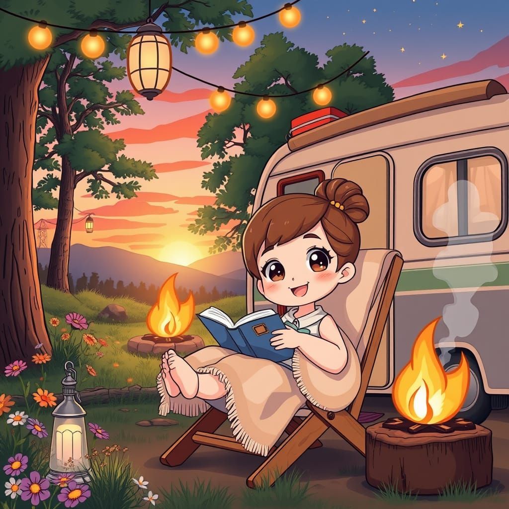 Chibi Girl Reads in a Cozy Summer Camp Scene