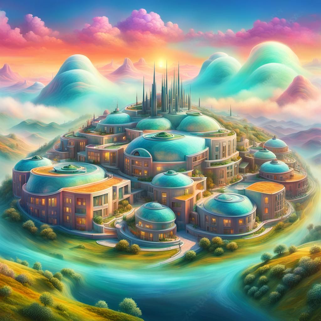 Surreal Futuristic Cityscape in Vibrant Digital Art Style