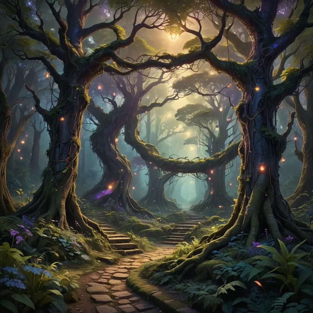 Mystical Forest Path in a Fantasy Illustration
