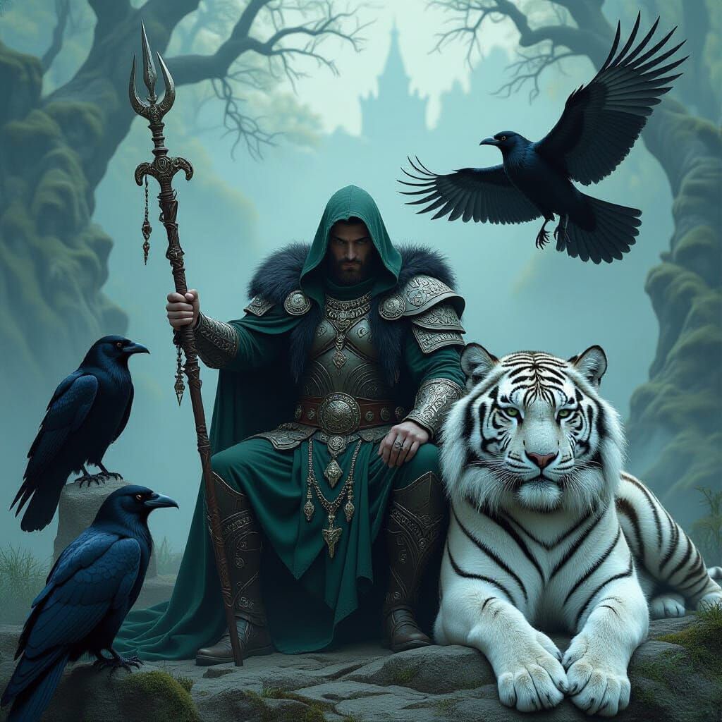 Celtic Warrior with Tiger, Morrigan, in Dark Fantasy Style