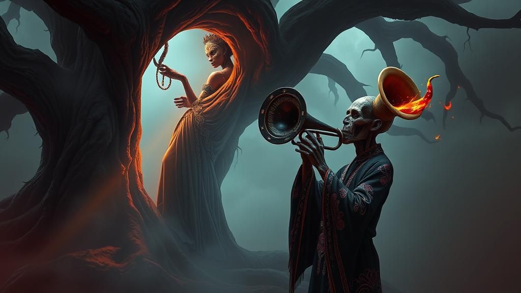 Mystical Woman Confronts Zombie in Surrealist Dream