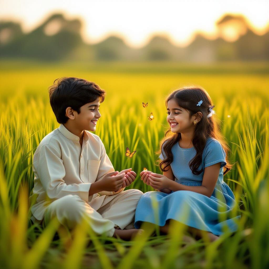 Children Play in Sunlit Autumn Rice Field