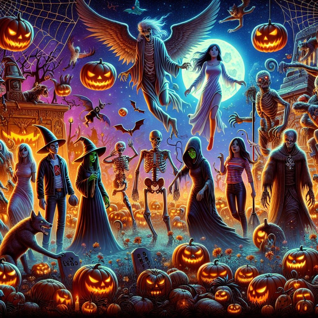 Vibrant Halloween Scene with Diverse Characters