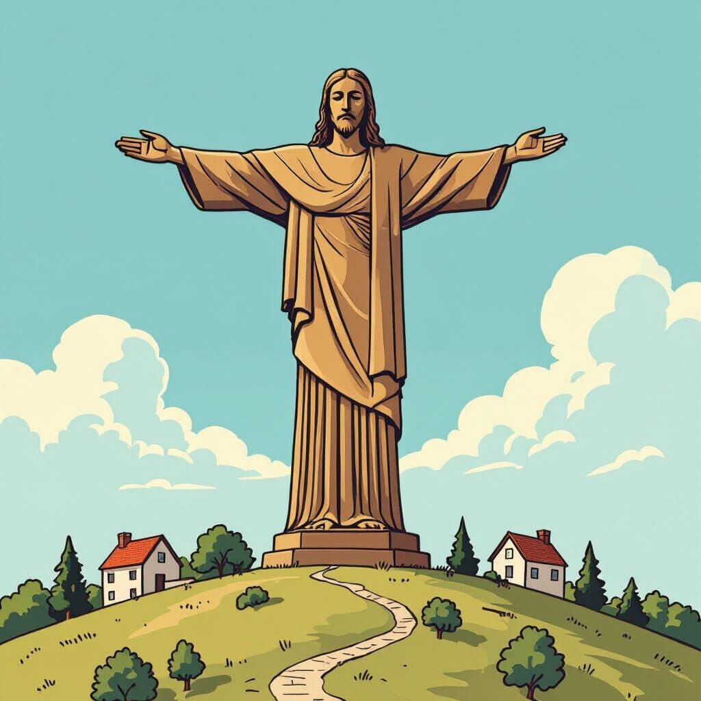 Bronze Christ Statue on Hilltop in Gentle Drawing Style
