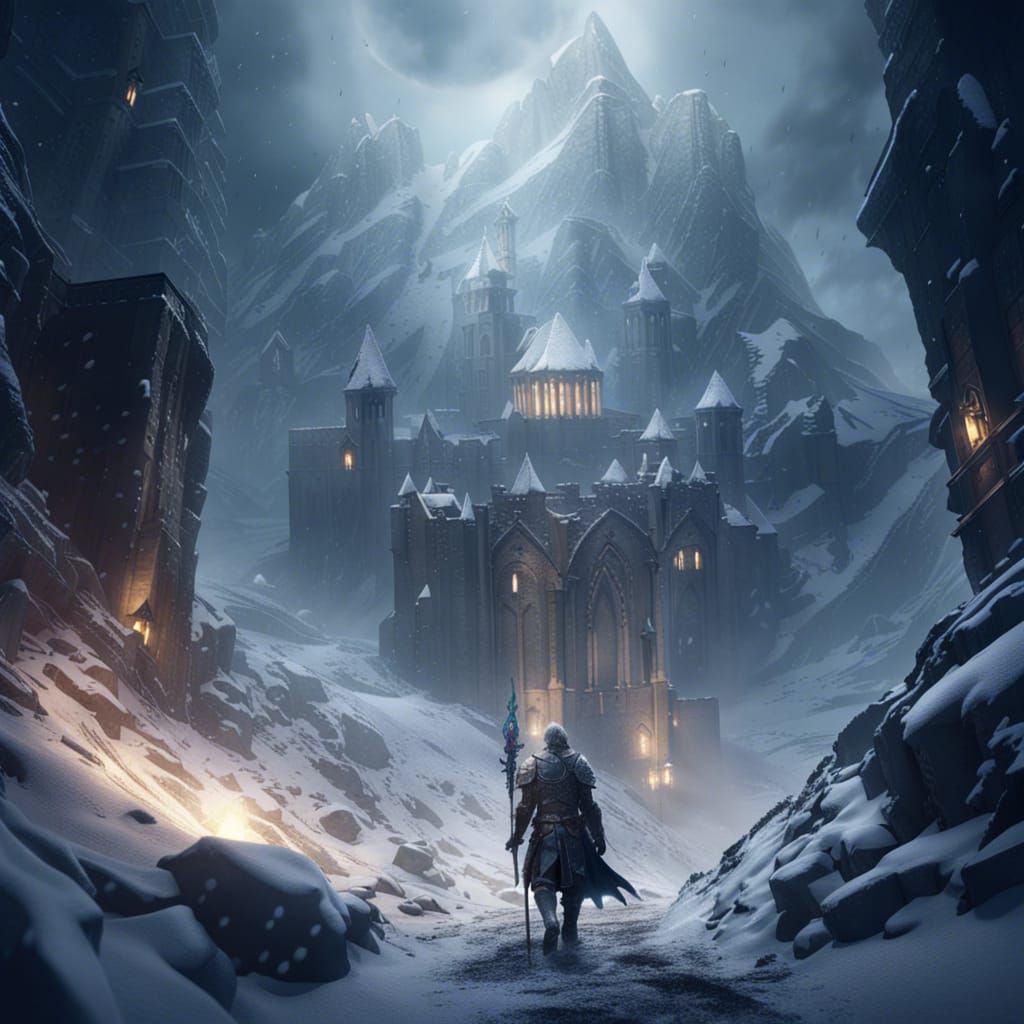 Knights Ascending Snowy Mountain in Blizzard