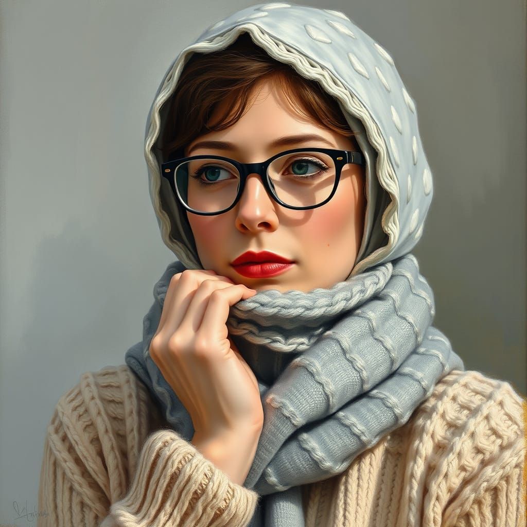 Elegant Woman with Winter Reflection, Oil Painting Style
