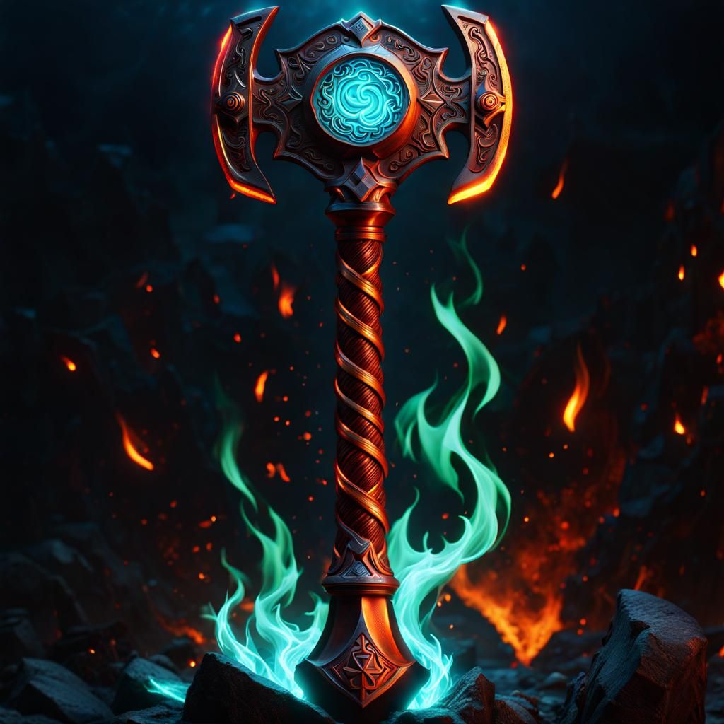 Infernal Iron Hammer with Glowing Runes and Flames
