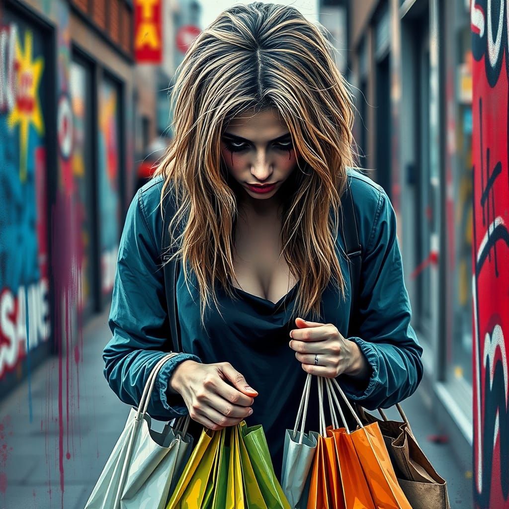 Anxious Woman Walks Home Amidst Graffiti Art