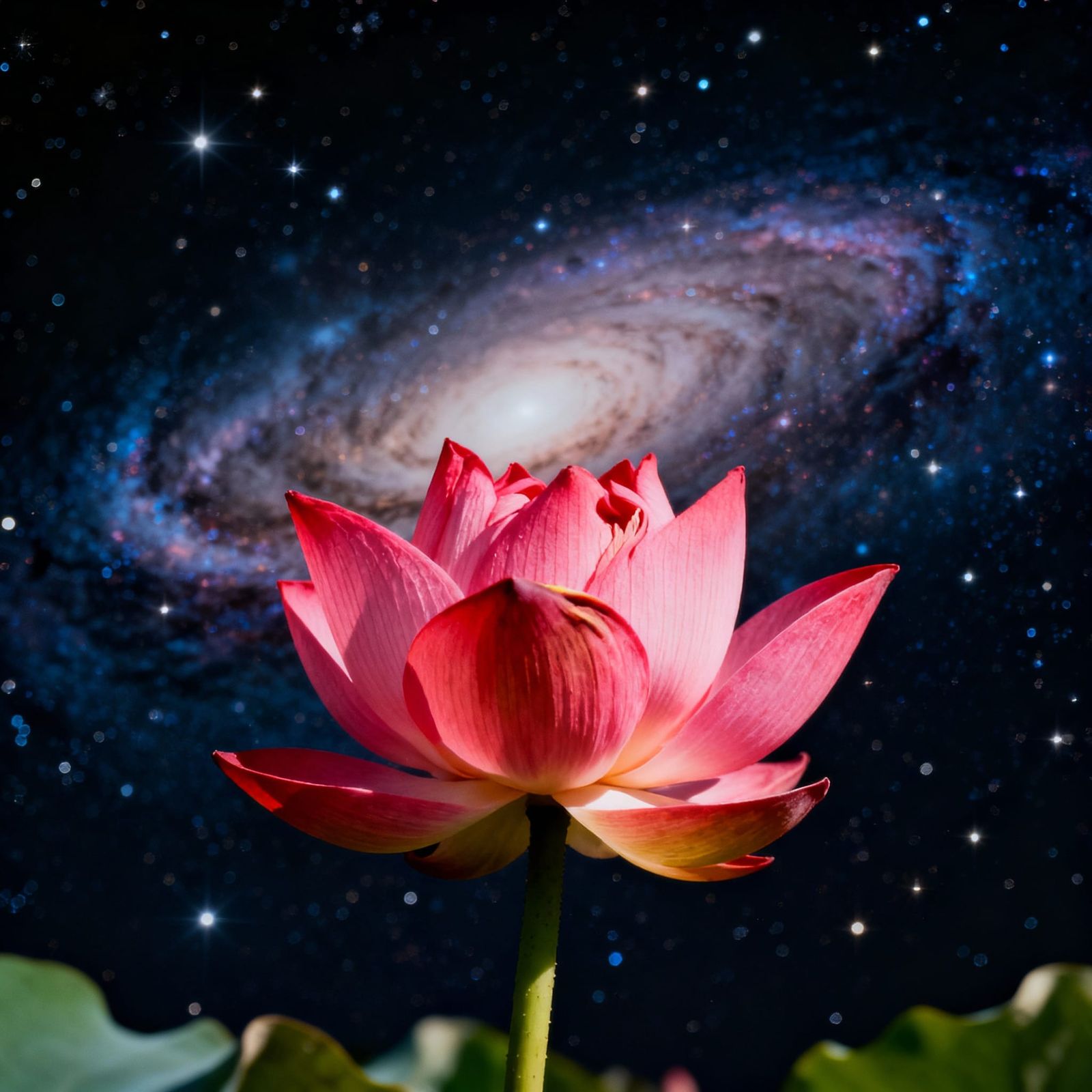 Vibrant Lotus Flower Blooms Before a Swirling Galaxy