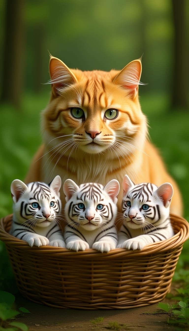 Fluffy Cat Guards Adorable White Tiger Cubs in Basket