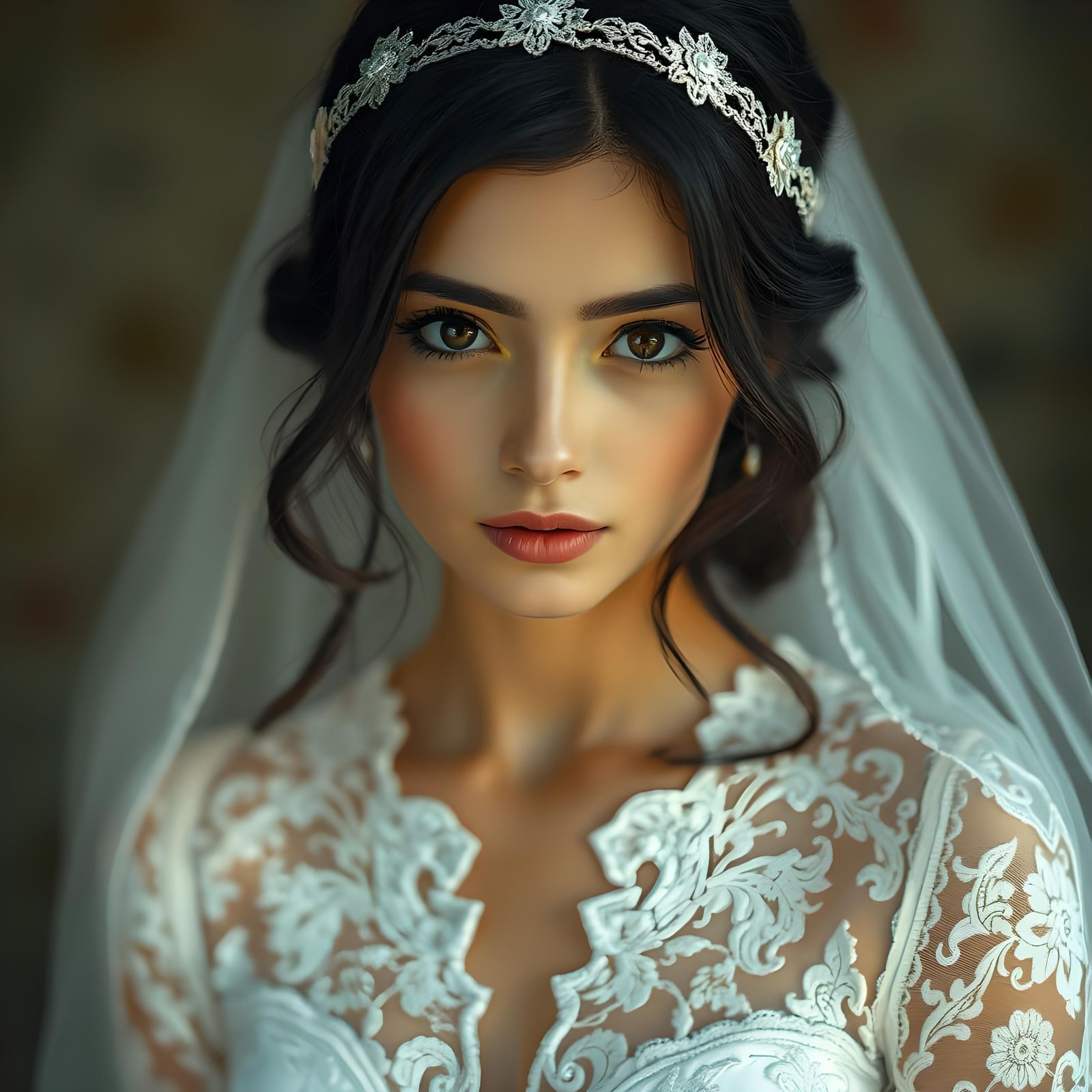 Young Bride Portrait in White Lace Dress