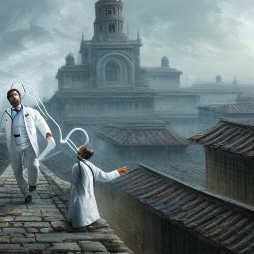 Doctor on Rooftop in Dark Fantasy Style