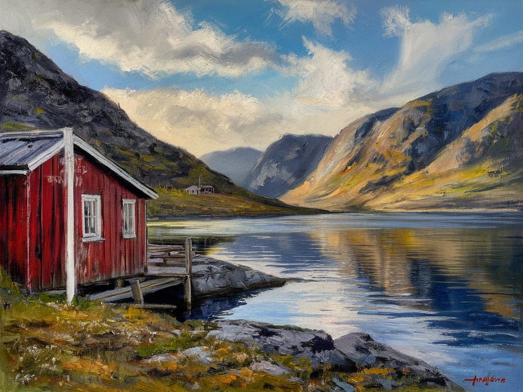 Vibrant Nordic Realism Painting of a Serene Scandinavian Lan...