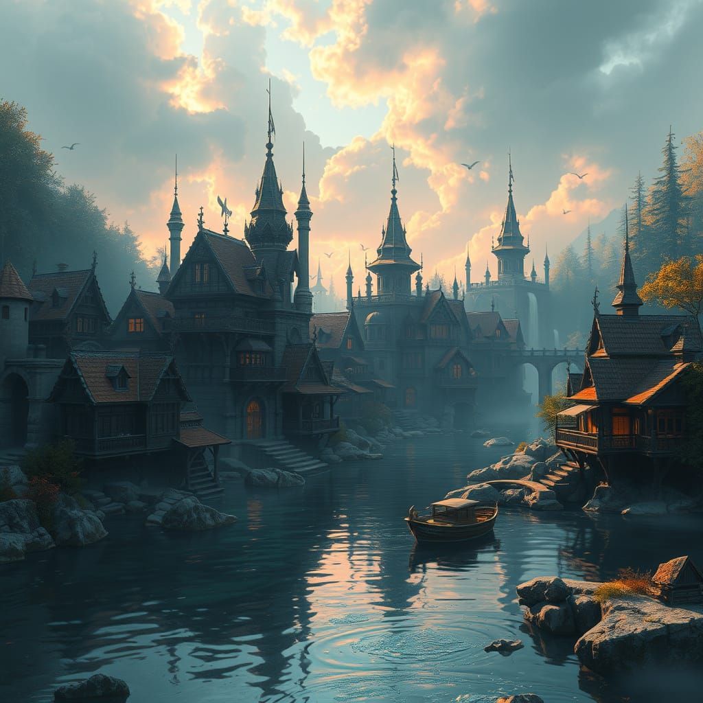 Water Village Fantasy Concept Art in Vibrant Triadic Colors