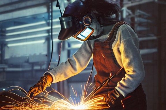 Brunette Welder in Cyberpunk Workshop: Hyperrealistic Painti...