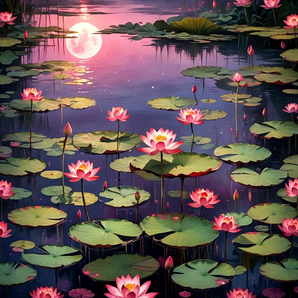 Lily Flowers Dance on Lake Under Blue Moon