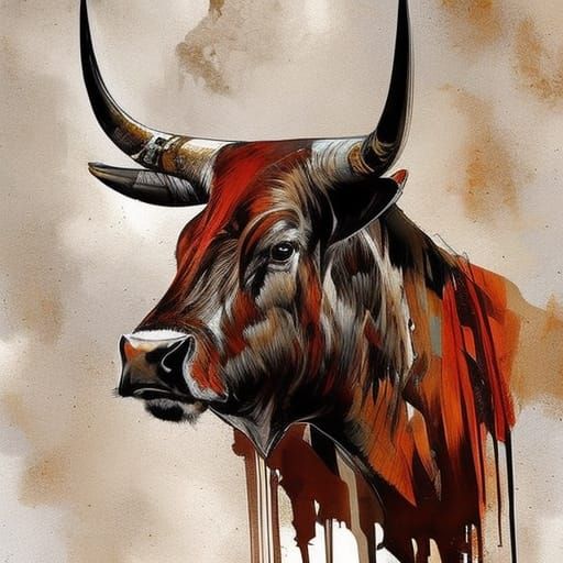 Detailed Cubist Bull Illustration in Rust Colors