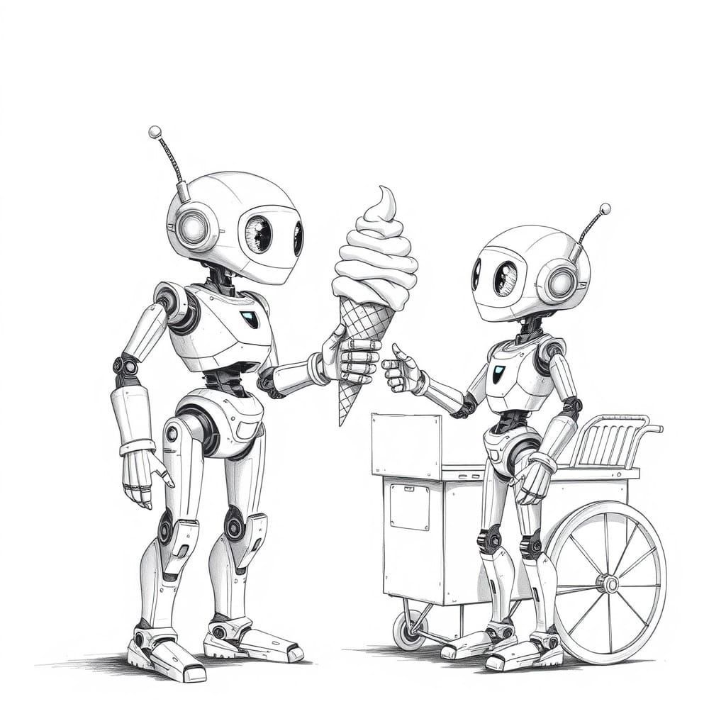 Robots Enjoying Ice Cream: Schematic Pencil Drawing