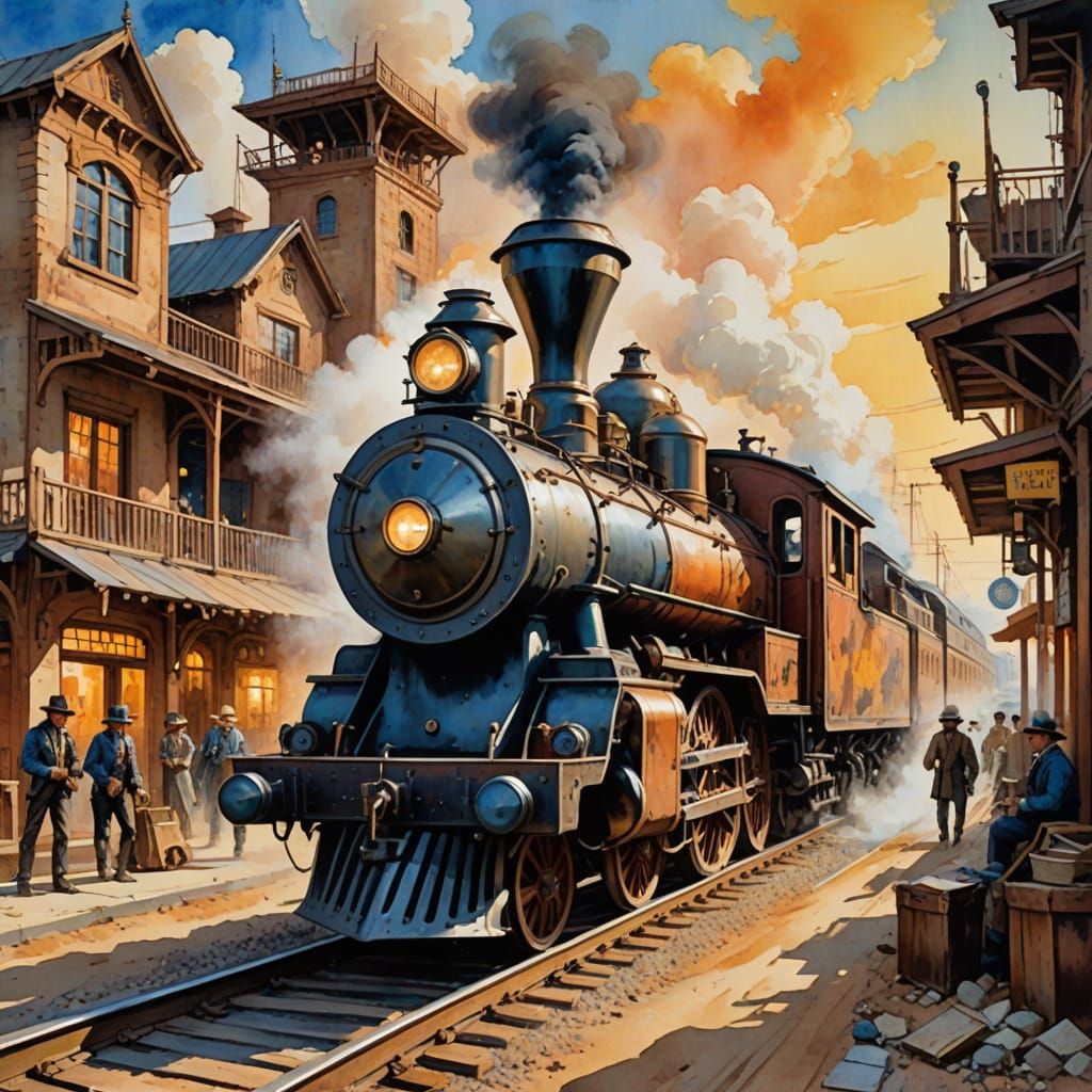 Steampunk Gunslinger on Robotic Horse in Gouache Style