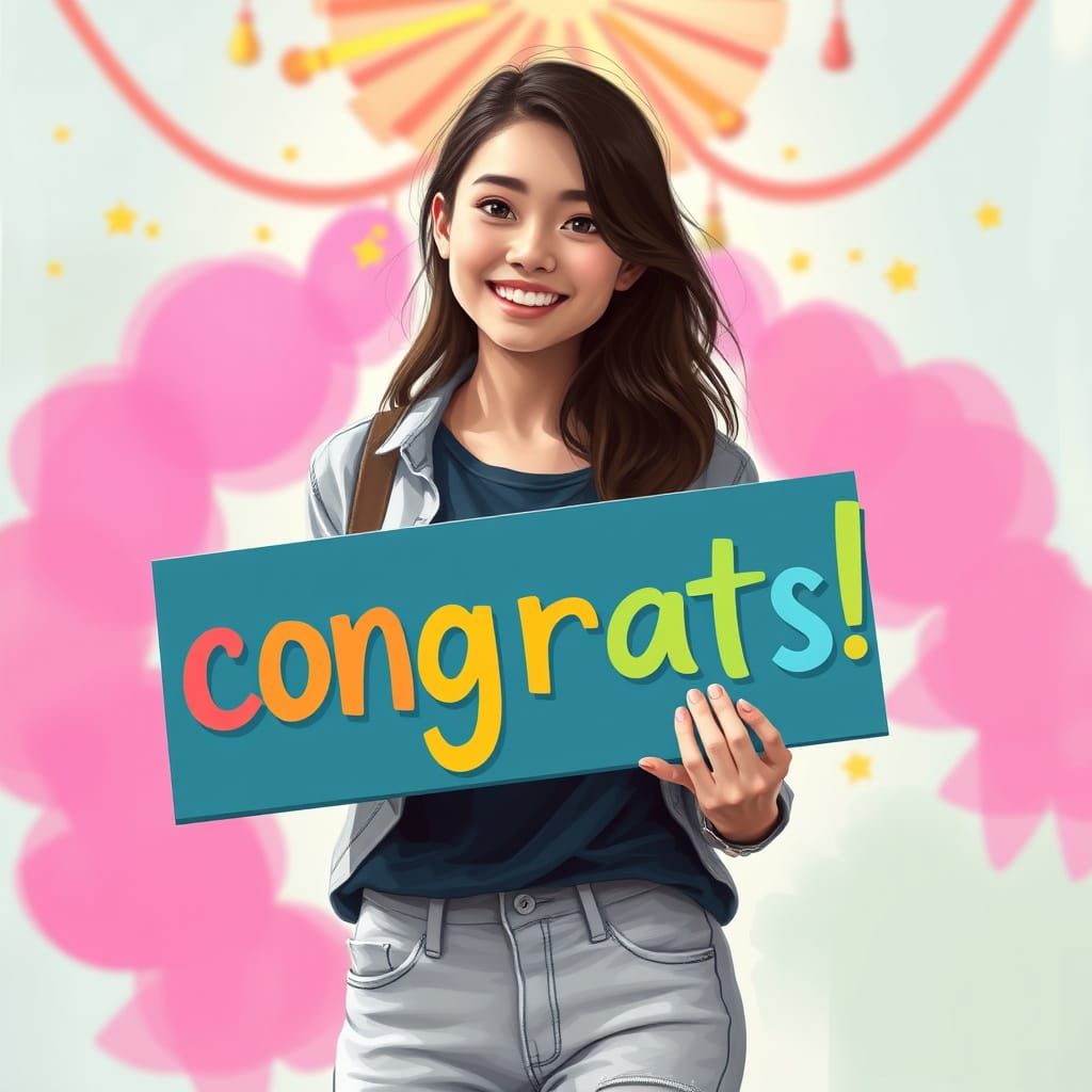 Young Woman Holding Congrats Sign in Digital Art Style