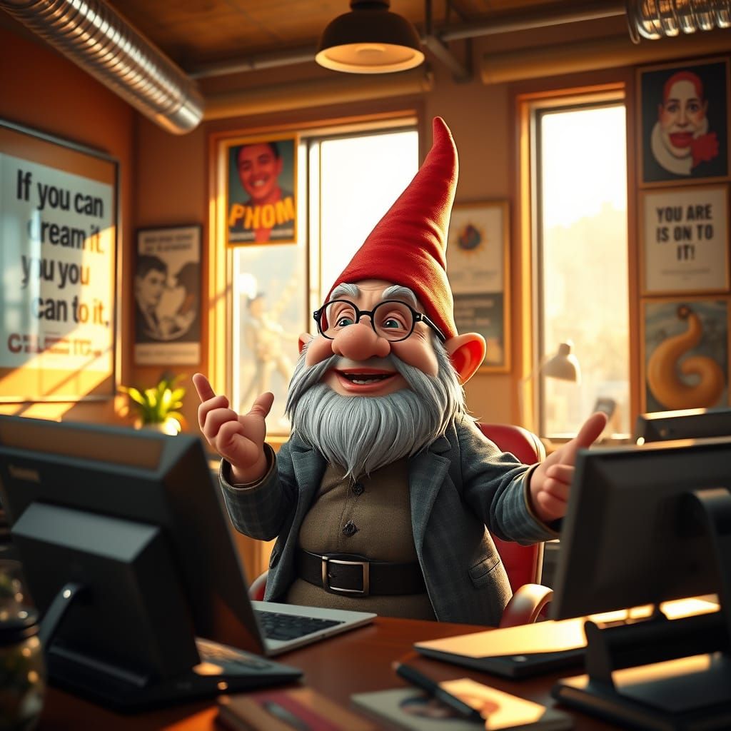 Gnome in Energetic 80s Office Scene