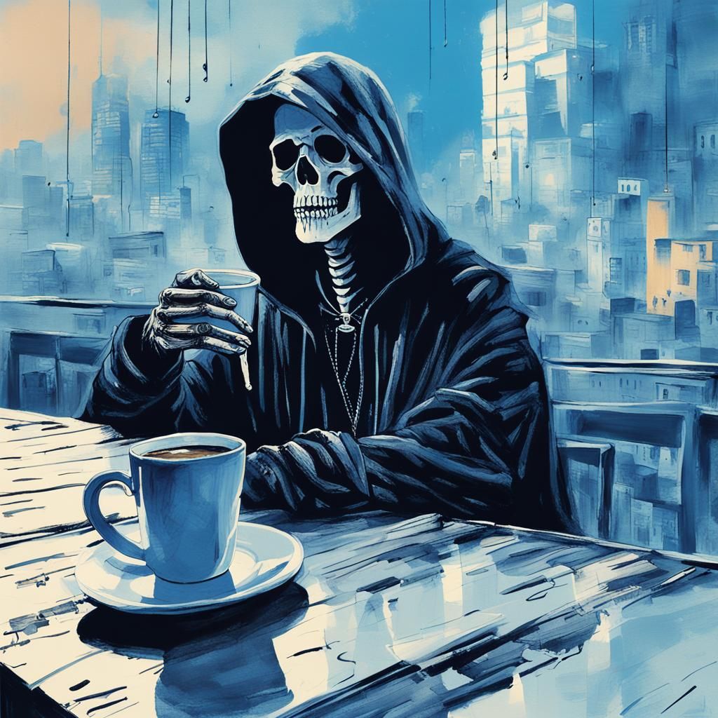 Teen Grim Reaper Drinks Coffee in Cyberpunk City