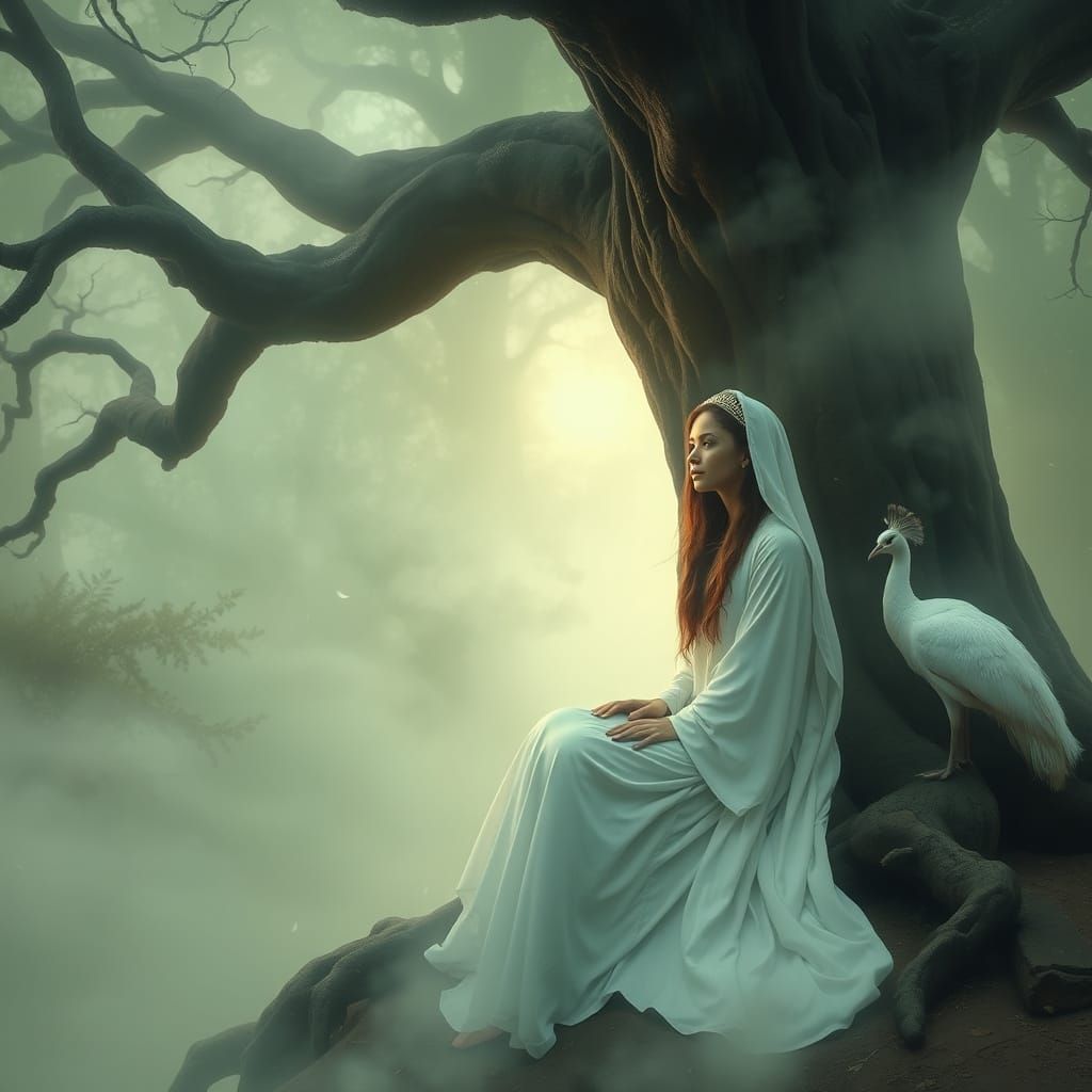 Ethereal Mystic Girl with Peacock: Digital Art