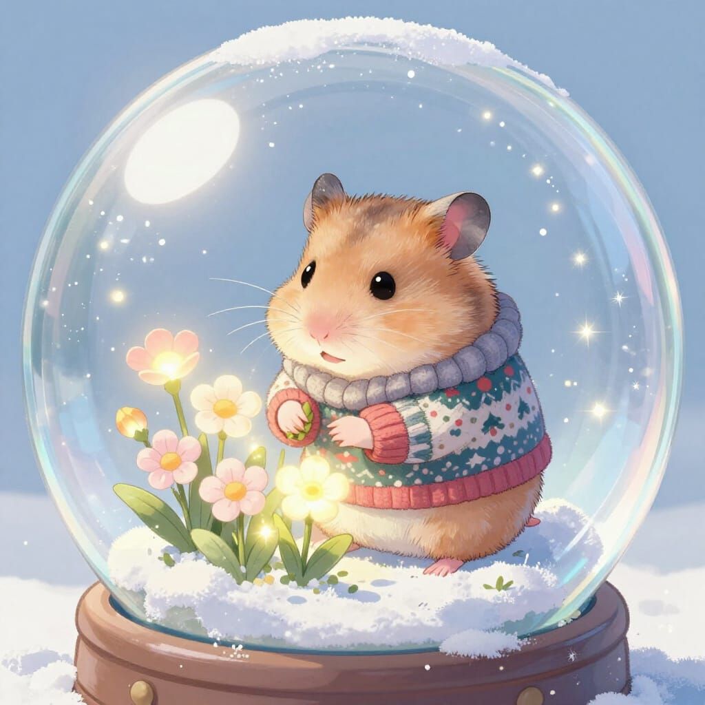 Hamster in Christmas Sweater Tends Glowing Flowers in Snow G...