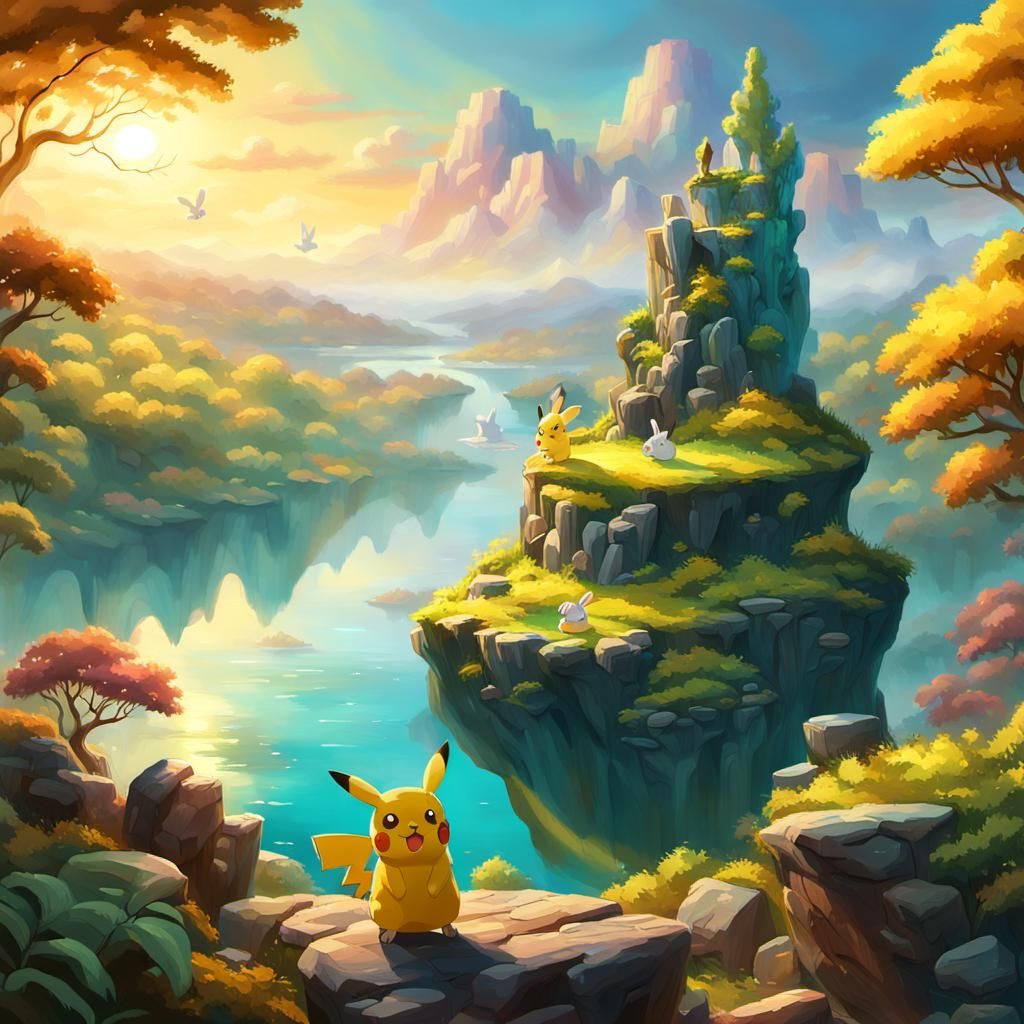 Pikachu and Bunny in Whimsical Anime Landscape