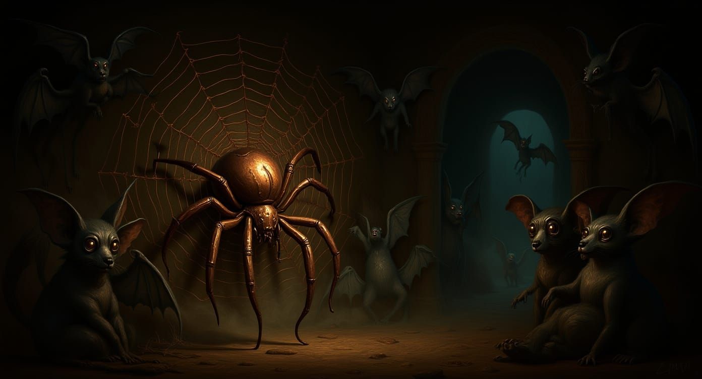 Steampunk Bronze Spider in Ethereal Cave