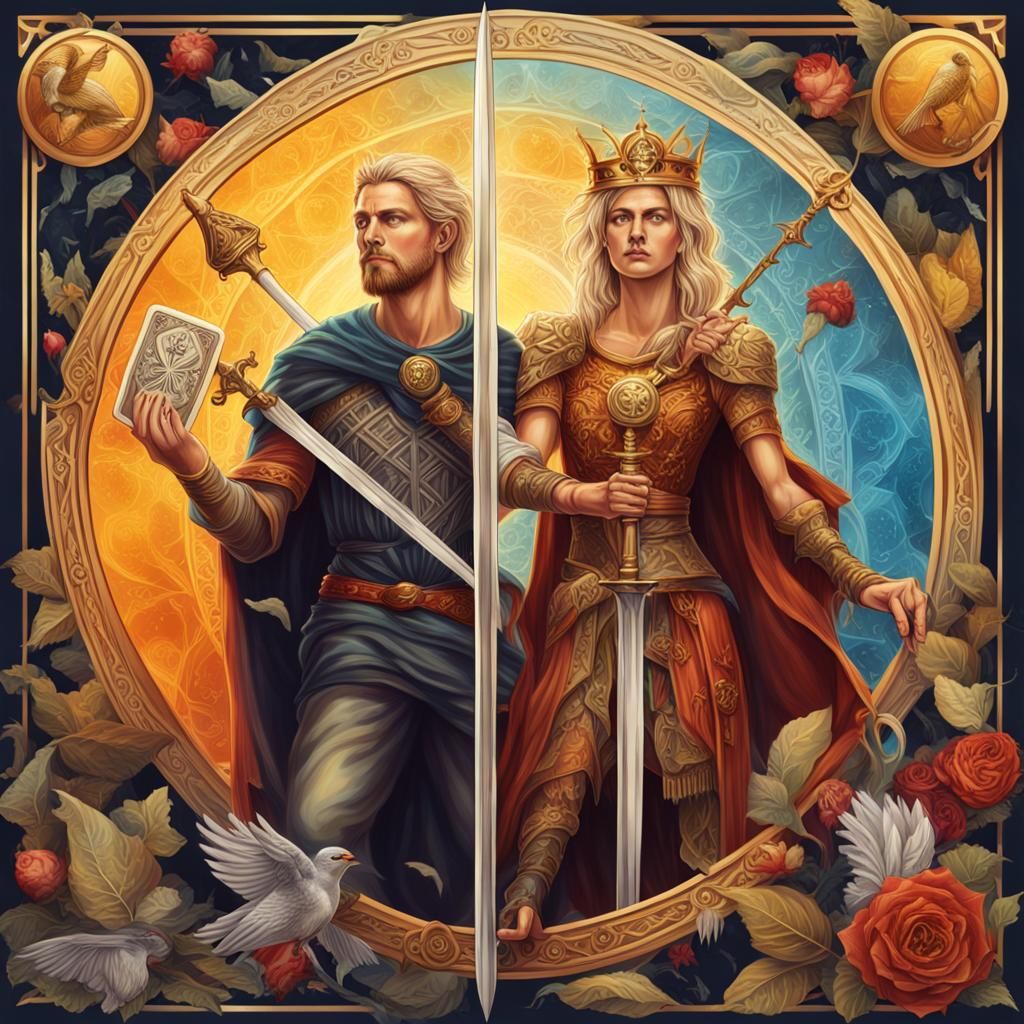 Tarot Lovers: Queen of Pentacles and Ace of Swords