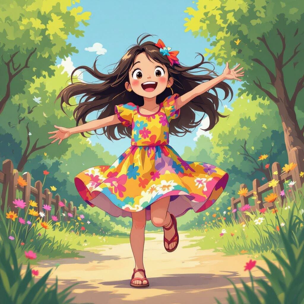 Energetic Girl in Colorful Dress, Whimsical Animation Style