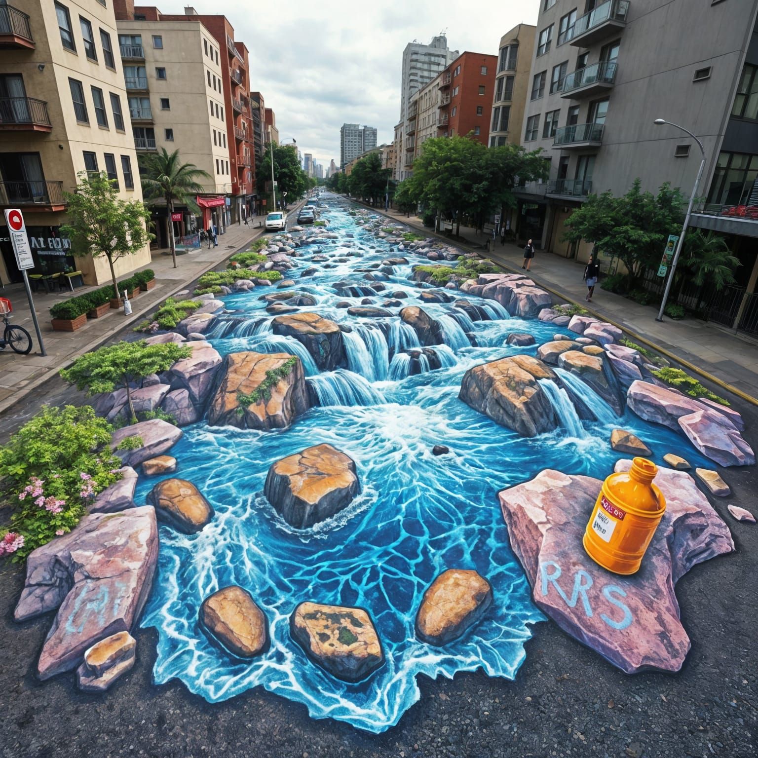 Dynamic Waterfall Street Art with 3D Illusion