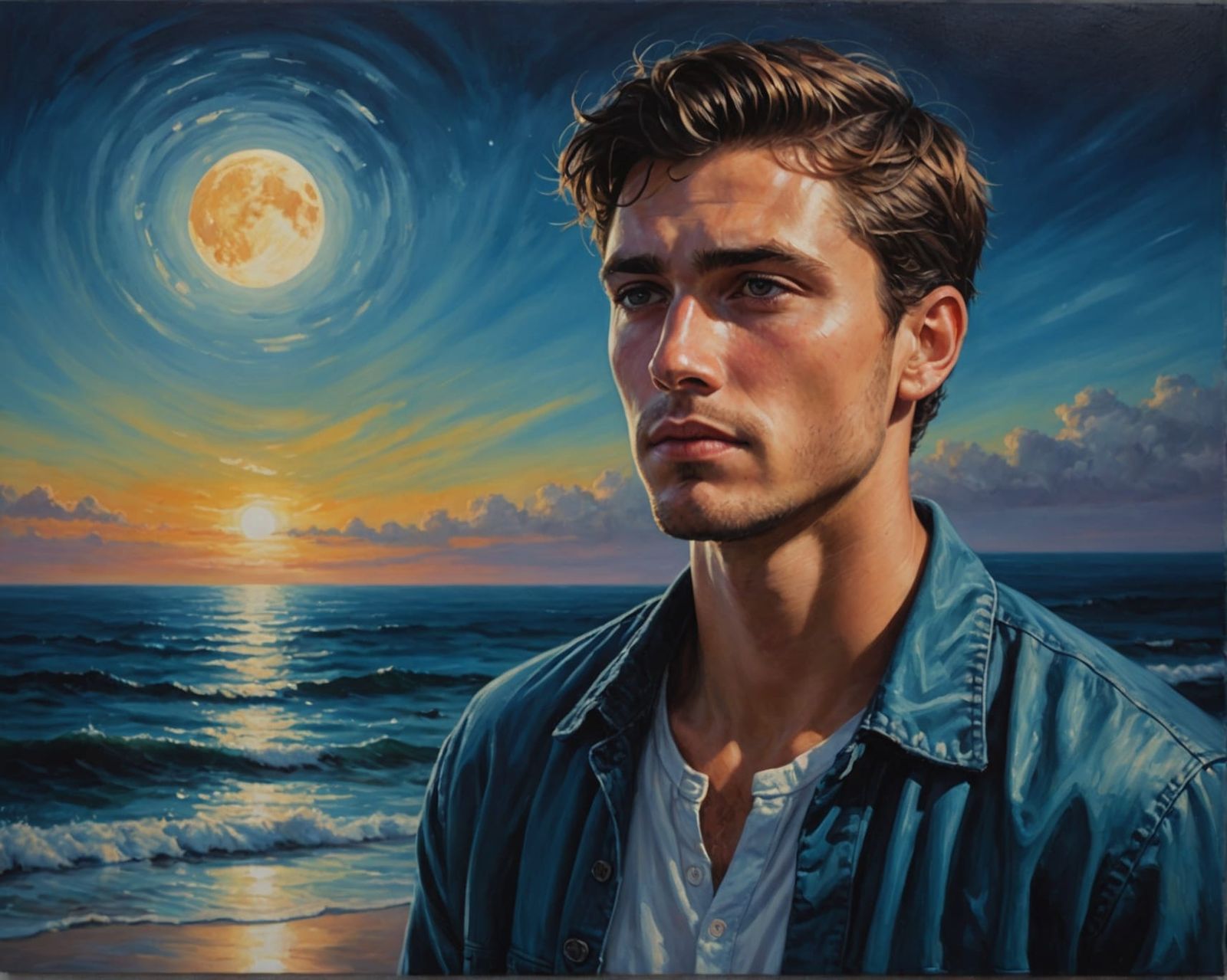 Moonlit Young Man by the Ocean: Oil Painting