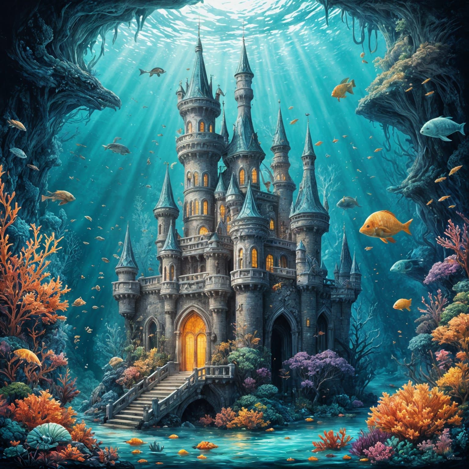 Ornate Underwater Castle with Bioluminescent Marine Life