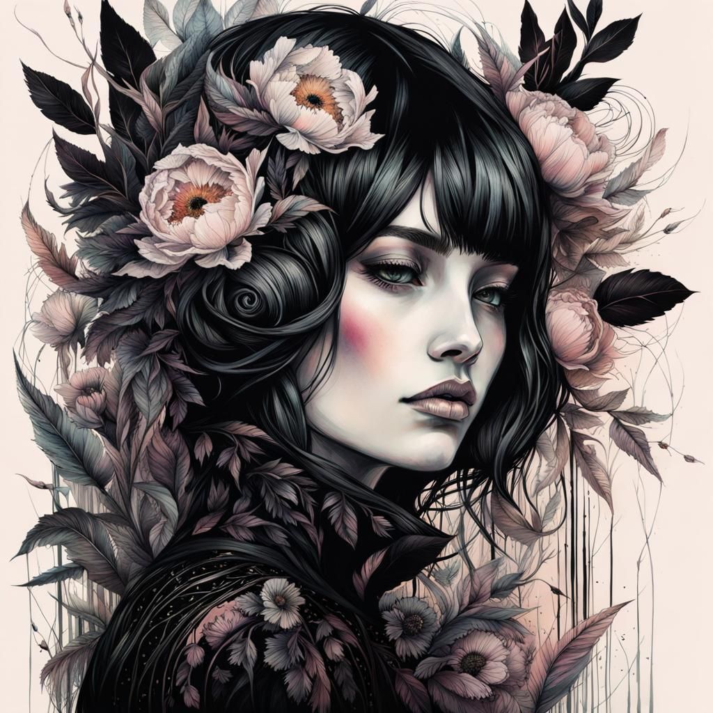 Girl with Black Peonies in Art Brut Style