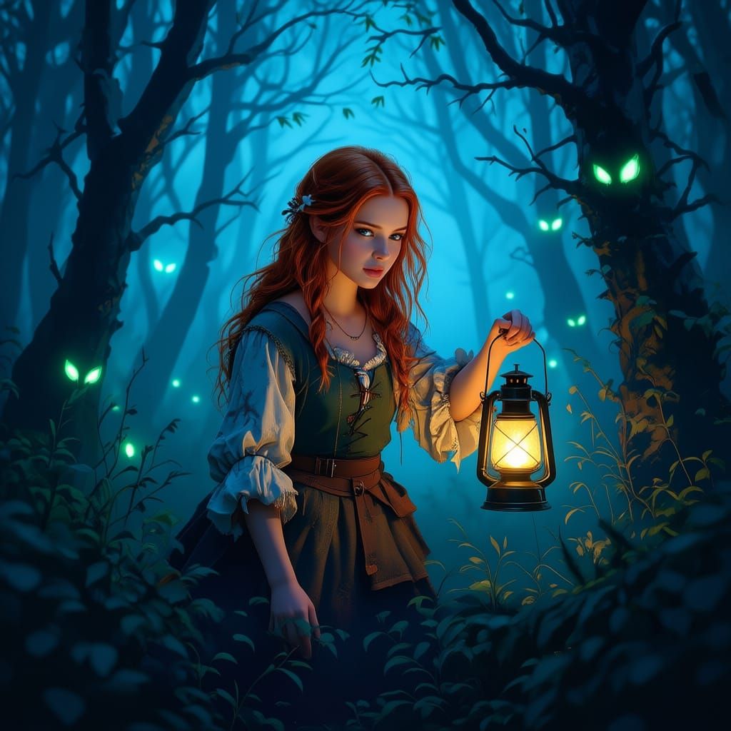 Distressed Peasant Girl Searches Luminescent Woods