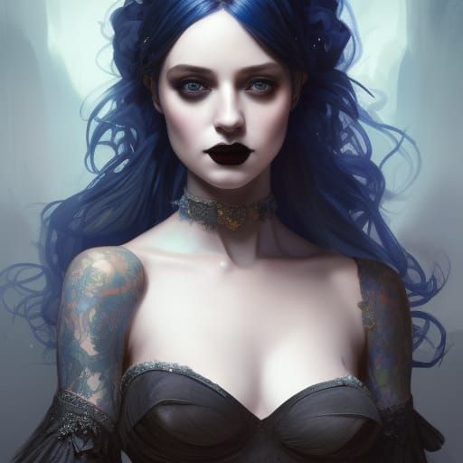 Sapphire-Haired Goth Princess Portrait in Digital Art Style