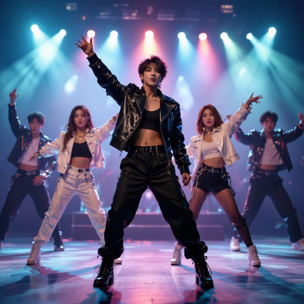 K-Pop Dancers in Concert with Multicolored Lights