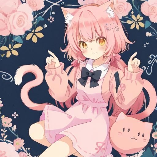 Pink-Haired Neko Girl in Anime Style