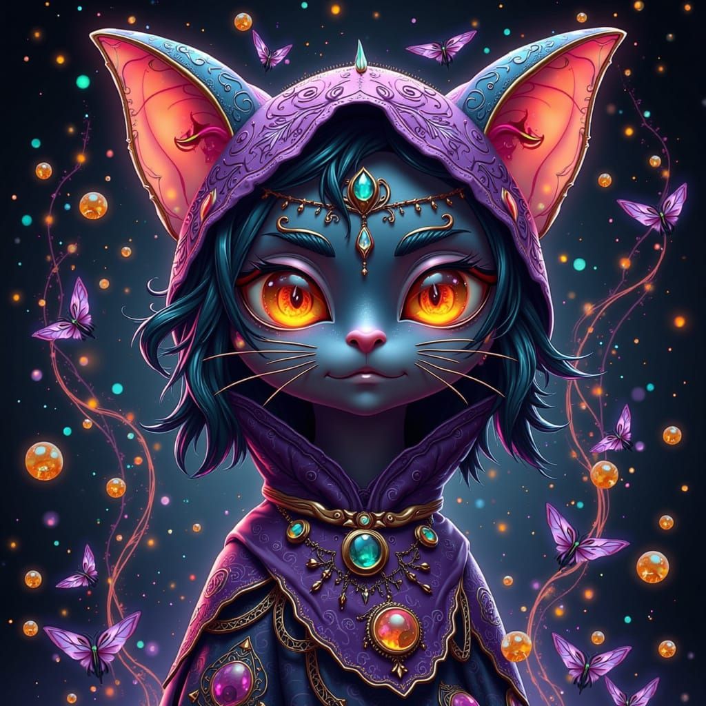 Whimsical Goth Cat in Vibrant Cutecore Digital Art