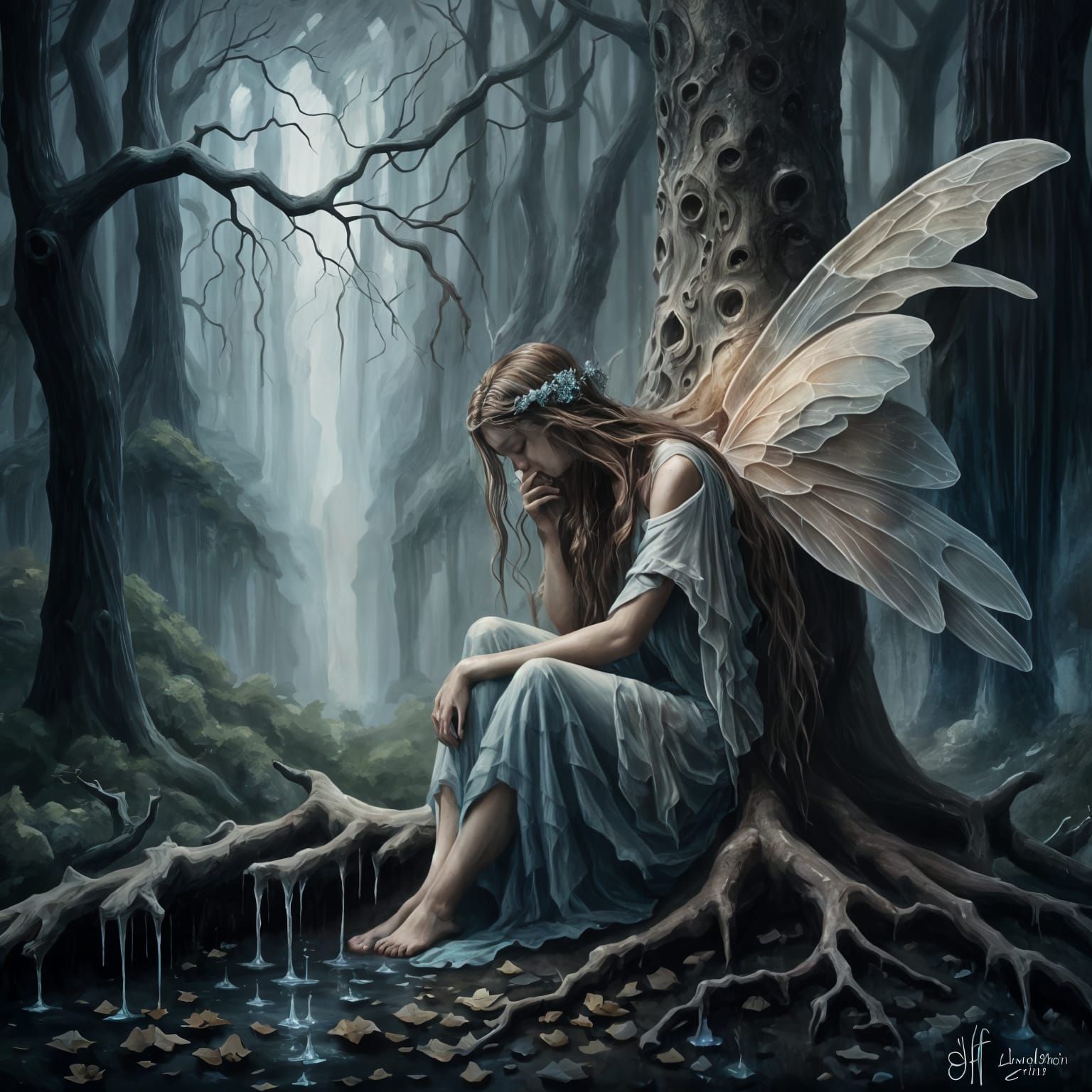 Fairy Crying in Rainy Forest, Oil Painting Style