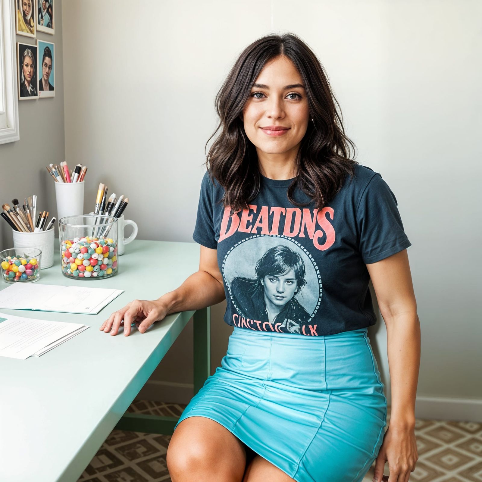 Friendly Woman Sits at a Light Mint-Green Desk in a Humorous...