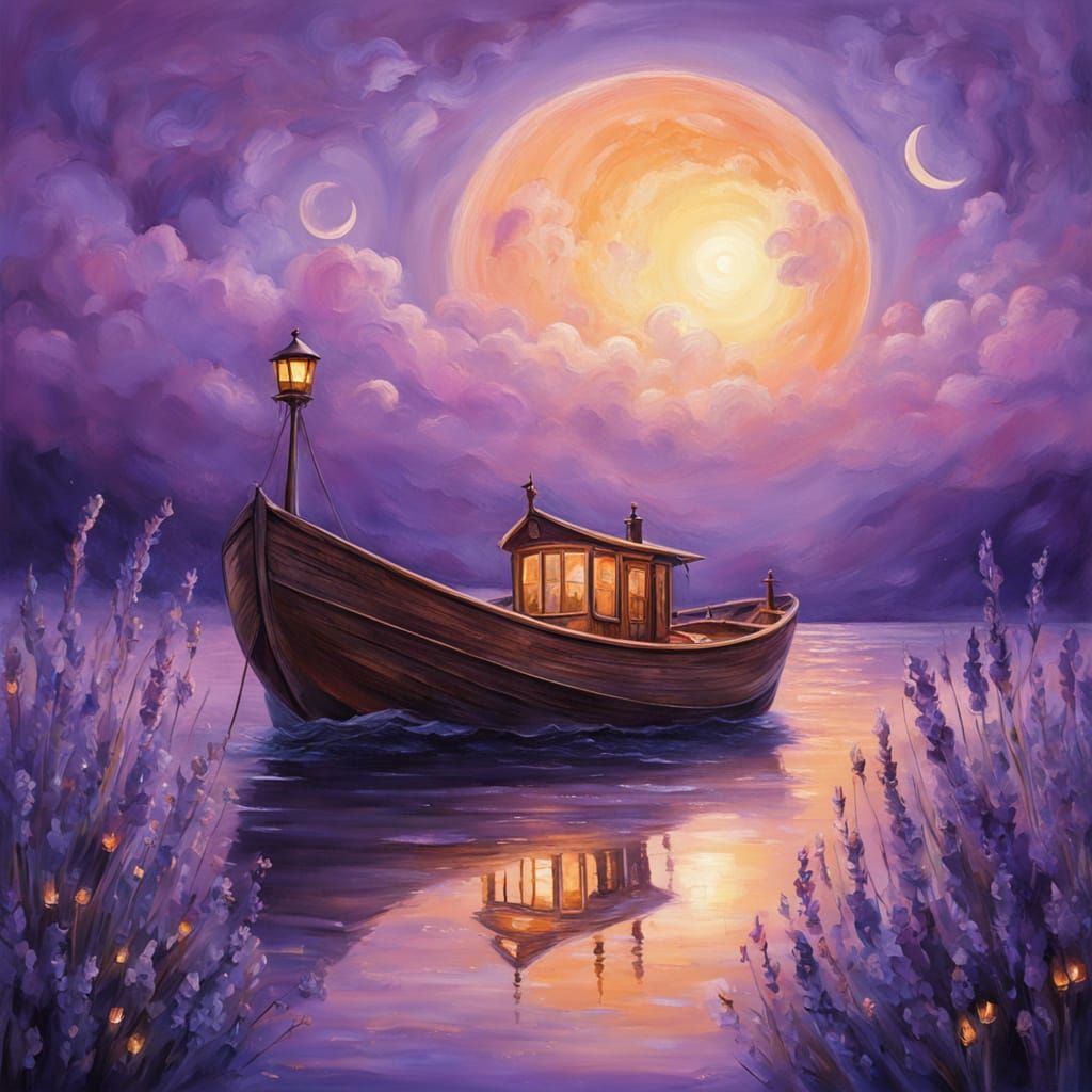 A whimsical wooden boat floats gently across a glowing laven...