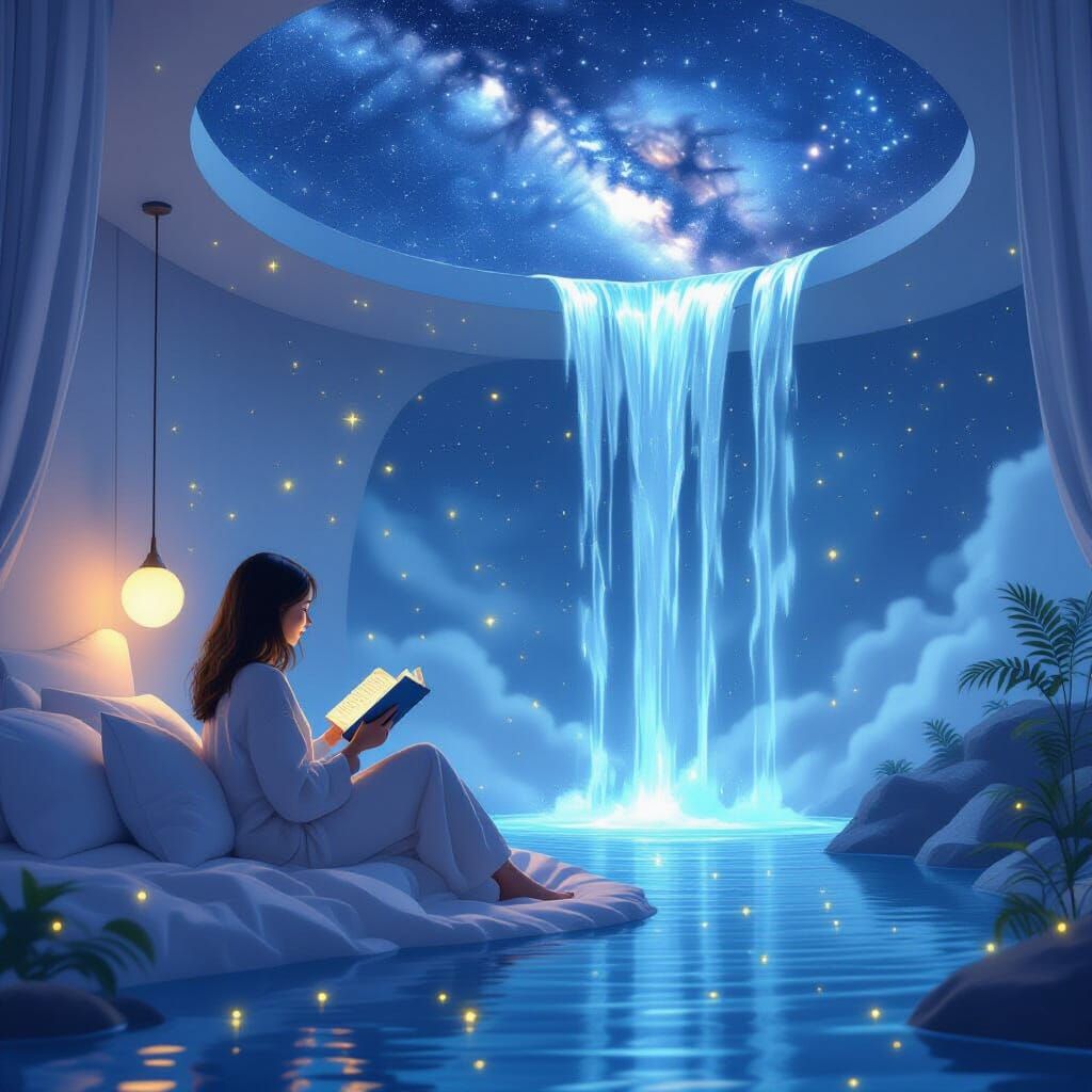 Dreamy Bedroom with Starry Sky Waterfall
