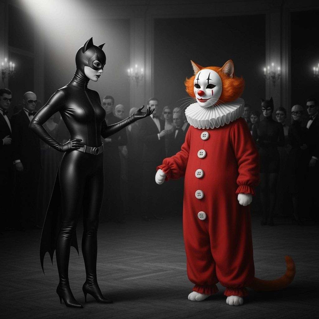 Surreal Cat Clown at Masquerade with Catwoman