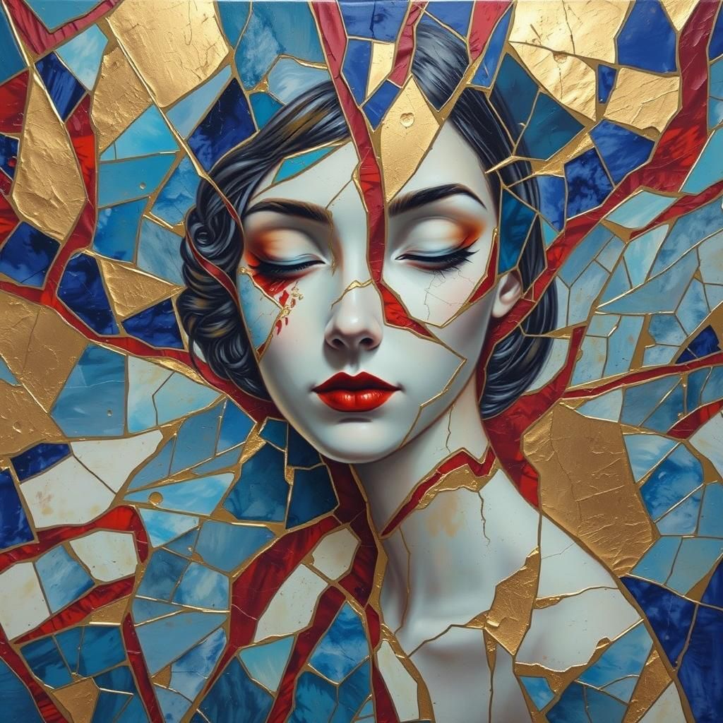 Split Face Portrait with Kintsugi Details