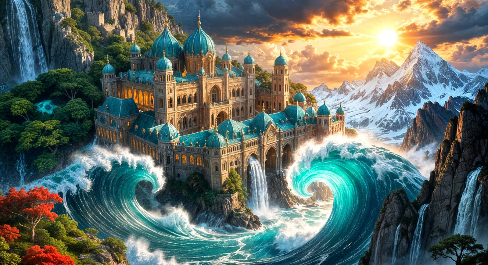 Surreal Fantasy Landscape with Palace and Mountains